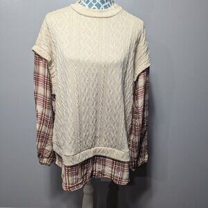 Maurice's Plaid Sleeve Layered Mock Neck Top Cream and Burgundy Flannel Size 1X